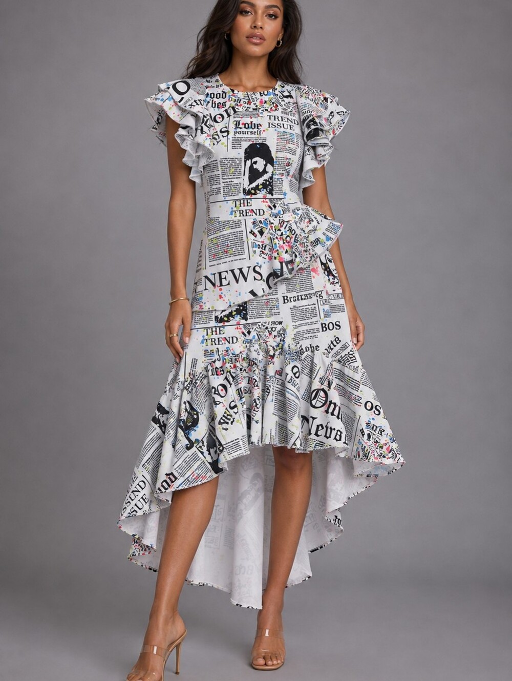 White Newspaper Print High-Low Ruffle Dress - Picture 2 of 3